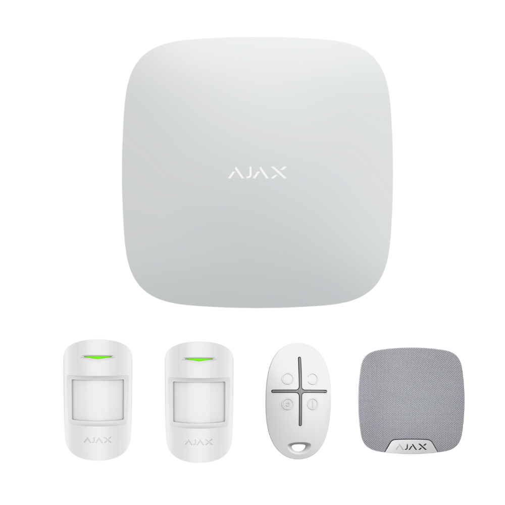 StarterKit includes:  1 x Hub2 AJAX#35992,  2 x Motion Protect AJAX#30655, 1 x Space Control AJAX#30670, 1 x Home Siren AJAX#30630