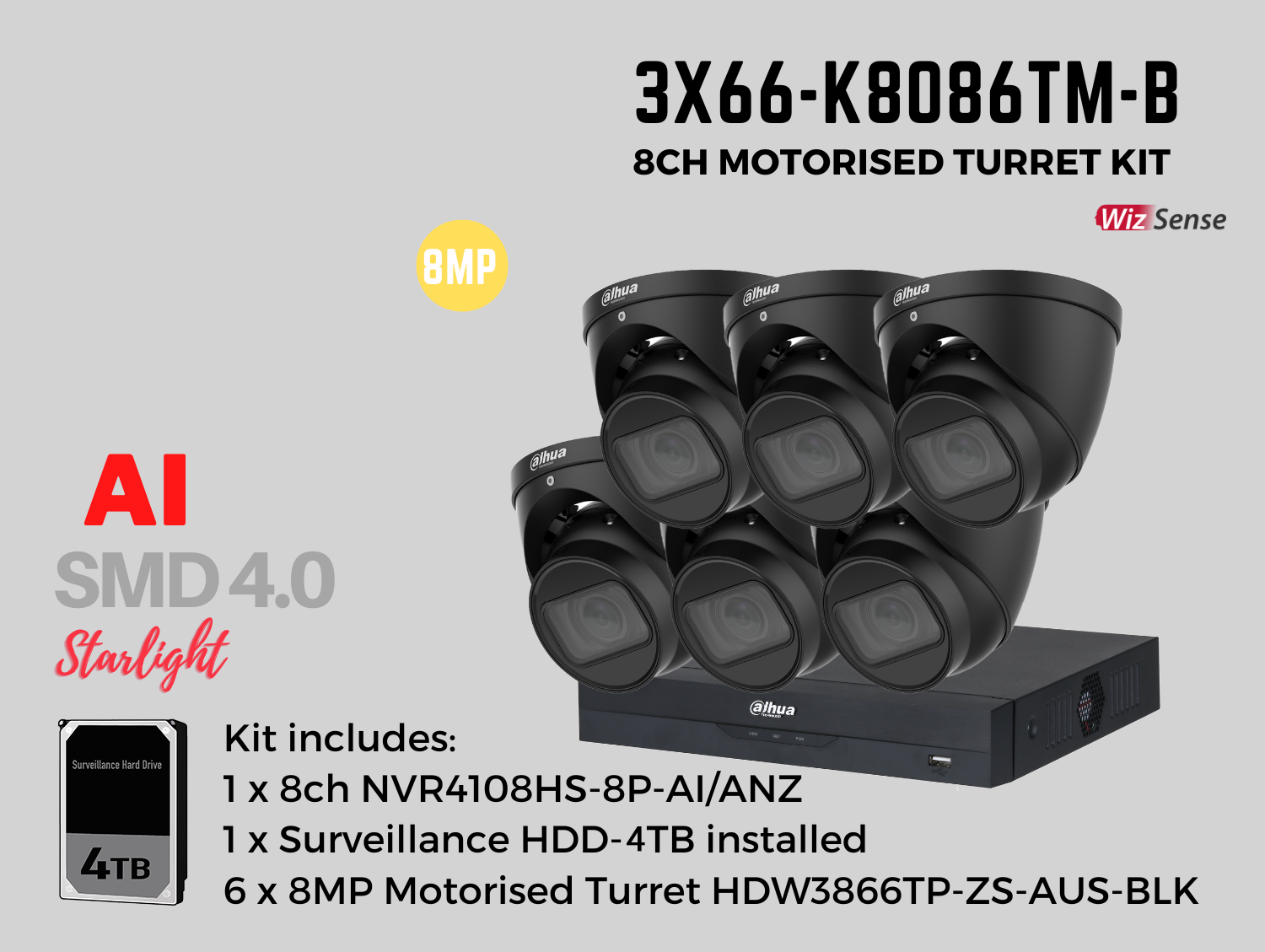 Dahua 3x66 8MP 8ch Kit includes:    1 x 8ch DHI-NVR4108HS-8P-AI/ANZ-4TB,    6 x 8MP 2.7-13.5mm Motorised Lens DH-IPC-HDW3866TP-ZS-AUS-BLK