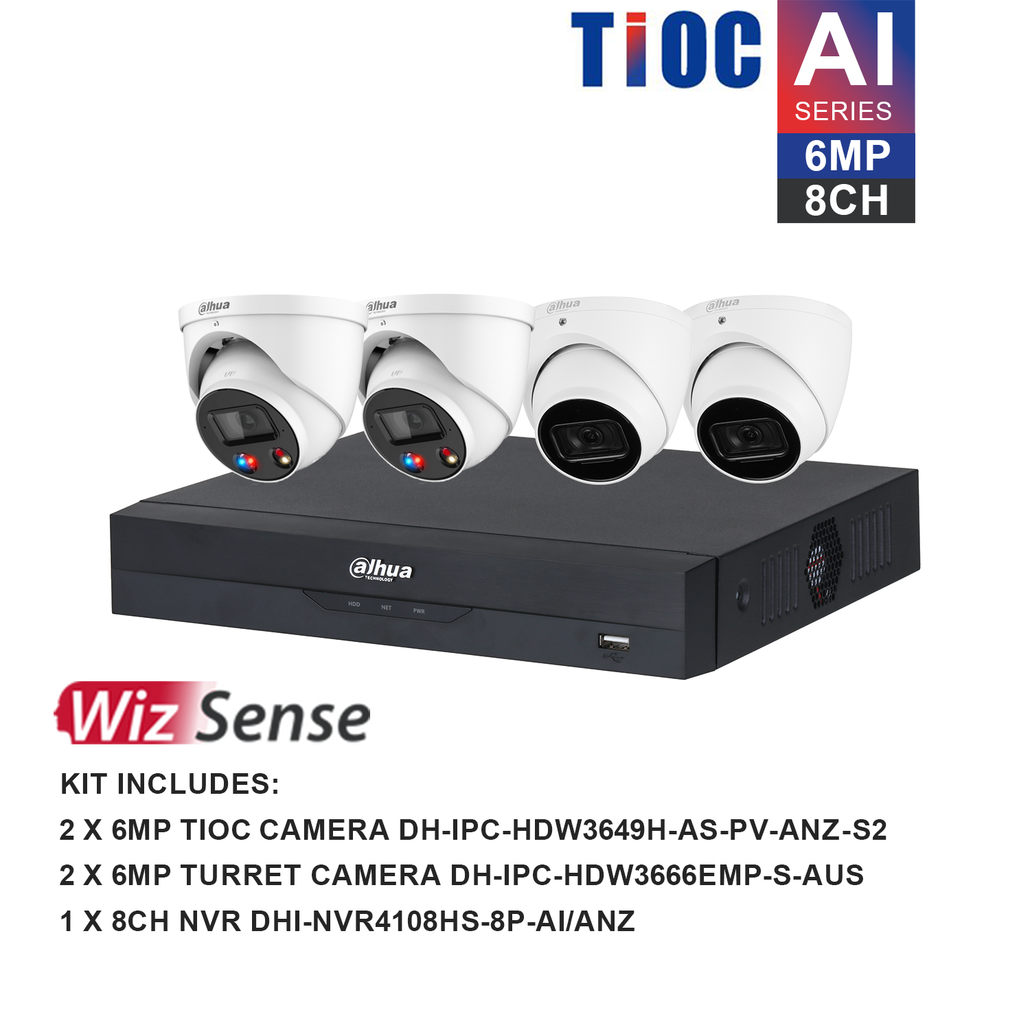 Dahua WizSense AI TiOC 8 Channel Kit including 2*DH-IPC-HDW3666EMP-S-AUS, 2*DH-IPC-HDW3649H-AS-PV-ANZ, 1*DHI-NVR4108HS-8P-AI/ANZ, the hard drive is not included. Please purchase a hard drive separately.