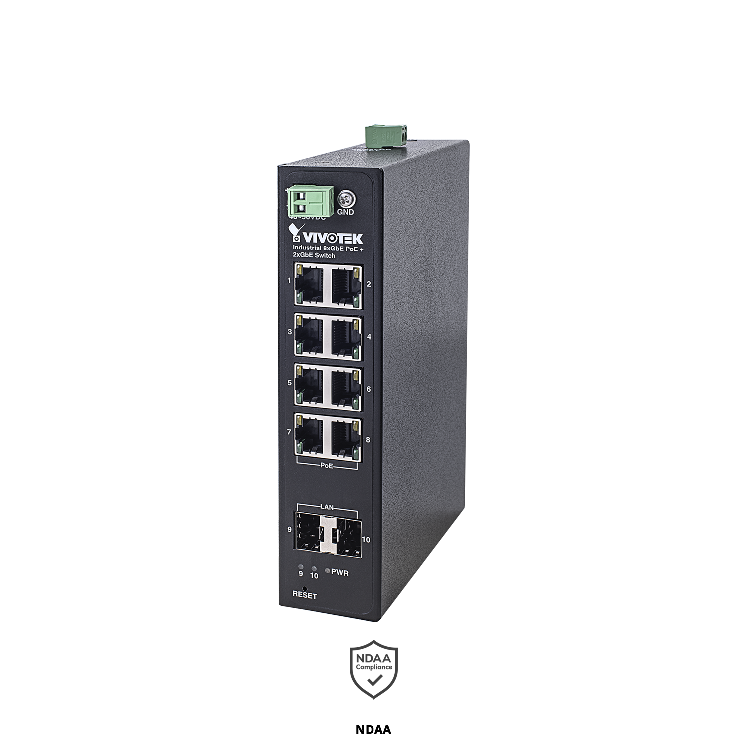 Industrial 8xGE PoE + 2xGE SFP Switch, Per PoE port up to 30W, Power budget 240W, 48~56VDC input, -40°C to 75°C