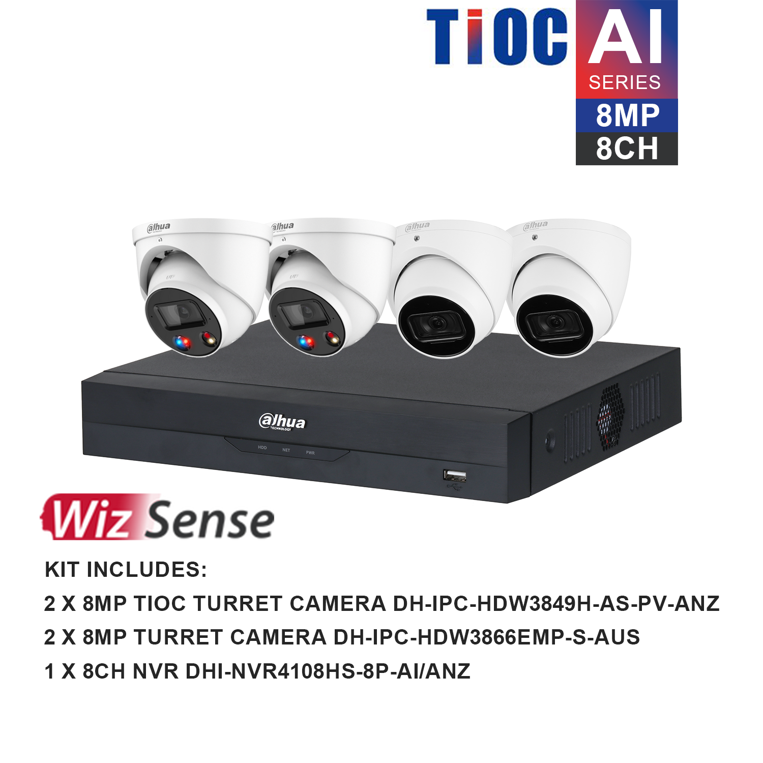 Dahua WizSense AI TiOC 8 Channel Kit including 2*DH-IPC-HDW3866EMP-S-AUS, 2*DH-IPC-HDW3849H-AS-PV-ANZ, 1*DHI-NVR4108HS-8P-AI/ANZ, the hard drive is not included. Please purchase a hard drive separately.