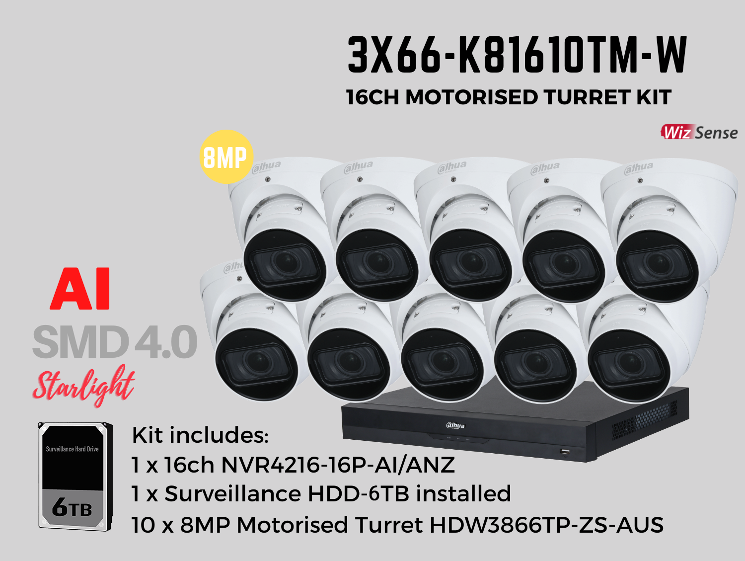 Dahua 3x66 8MP 16ch Kit includes:     1 x 16ch DHI-NVR4216-16P-AI/ANZL-6TB,   10 x 8MP 2.7-13.5mm Motorised Lens DH-IPC-HDW3866TP-ZS-AUS