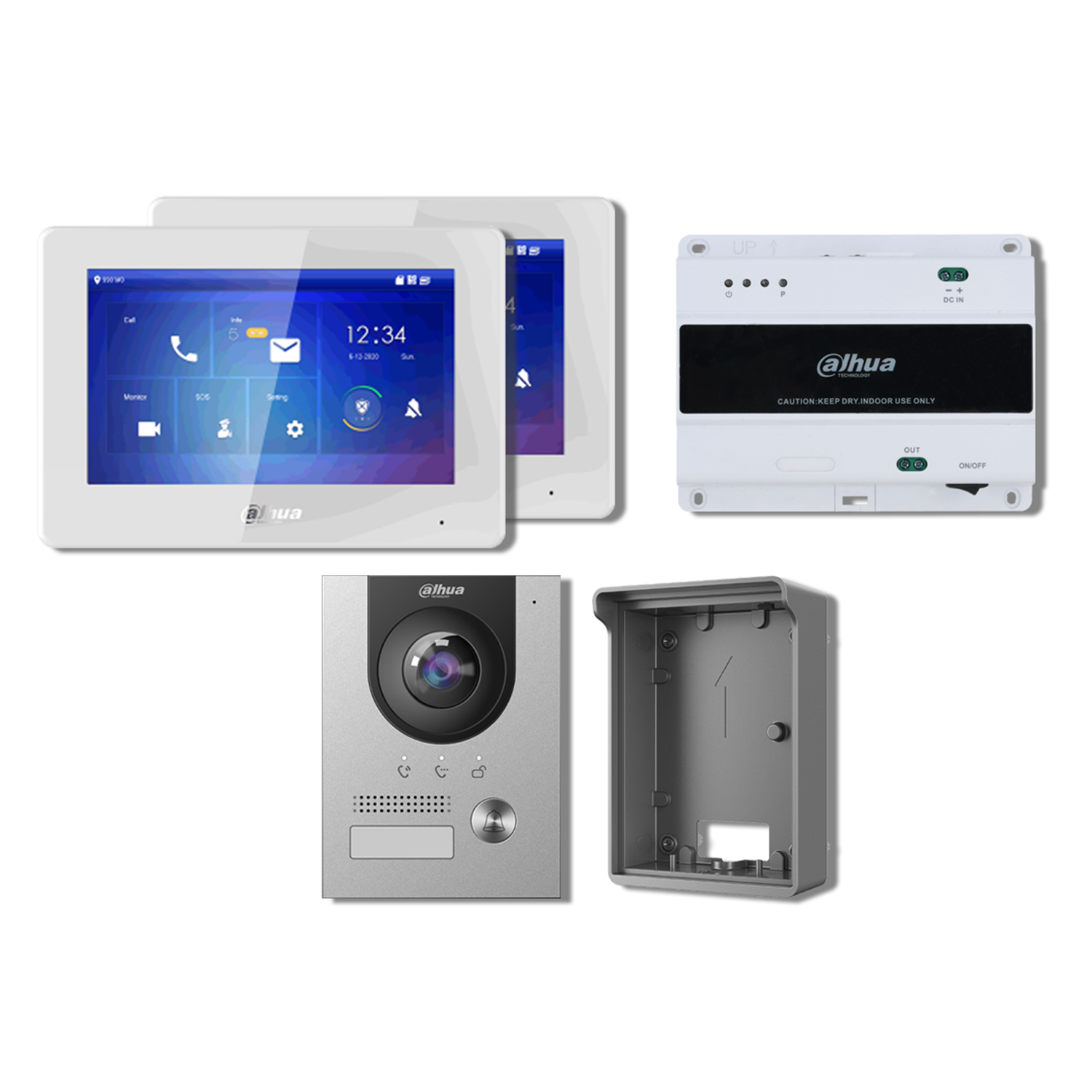 Dahua 2 wire intercom kit, including: 2 x 7 inch Monitor DHI-VTH5422HW, 1 x Outdoor Station DHI-VTO2202F-P-S2, 1 x VTNS1001B-2-A, 1 x surface mount bracket VTM05R