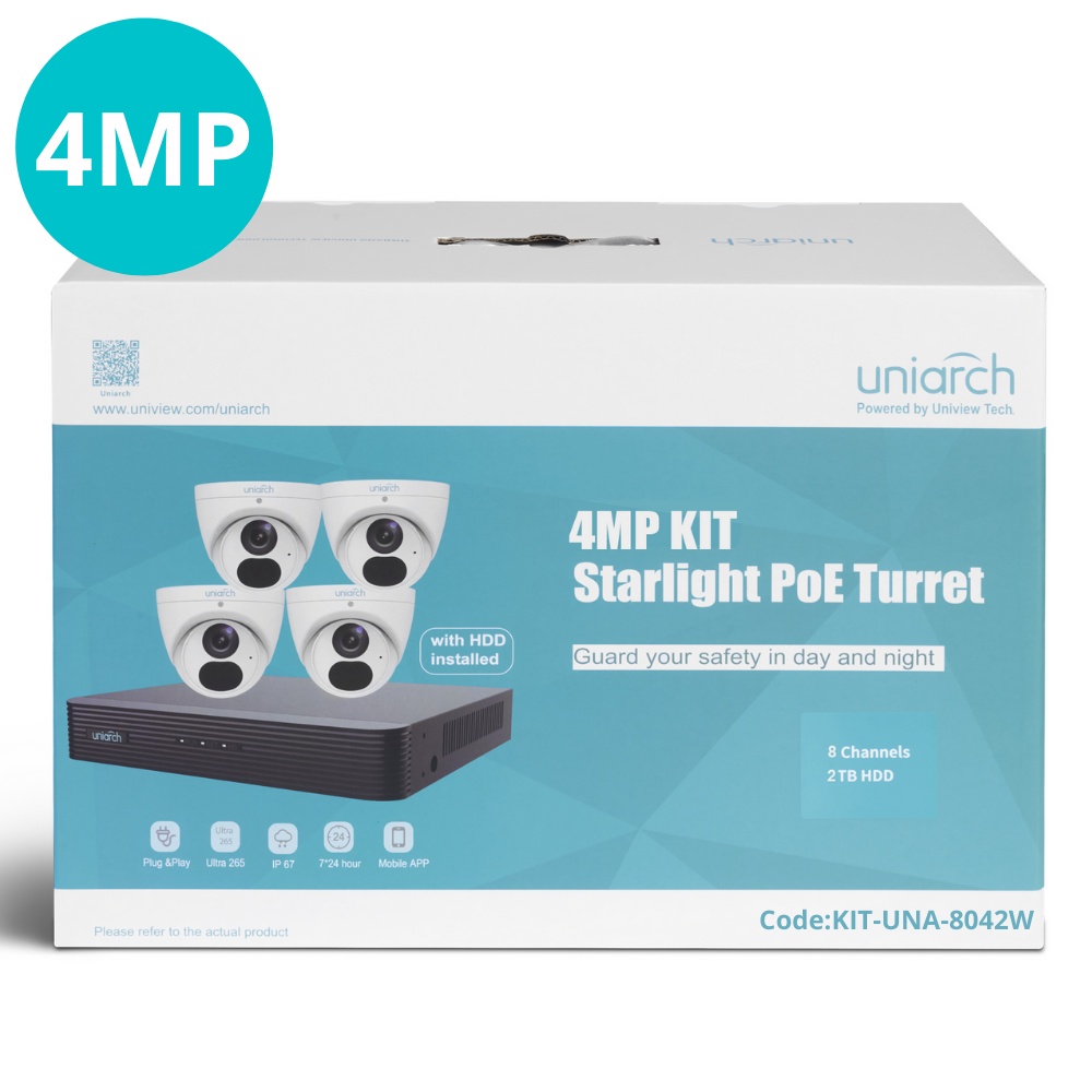 In the box: 4 x Uniarch 4MP Starlight Fixed Turret Network Camera IPC-T1E4-AF28K, 1 x 8ch NVR-108E2-P8 with 2TB HDD installed. PLEASE NOTE - this kit does NOT come with Ethernet cables.