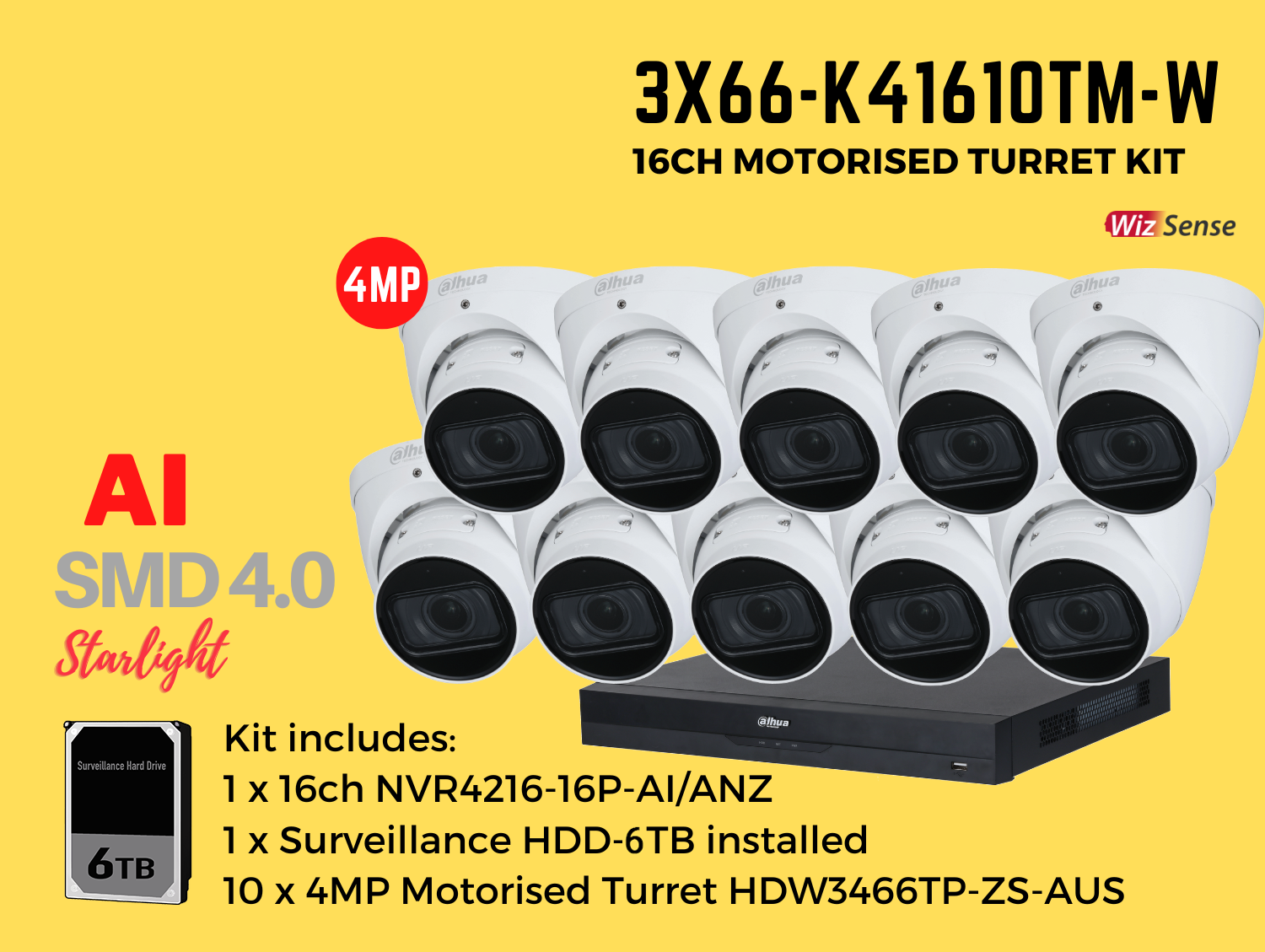 Dahua 3x66 4MP 16ch Kit includes:     1 x 16ch DHI-NVR4216-16P-AI/ANZ-6TB,   10 x 4MP 2.7-13.5mm Motorised Lens DH-IPC-HDW3466TP-ZS-AUS