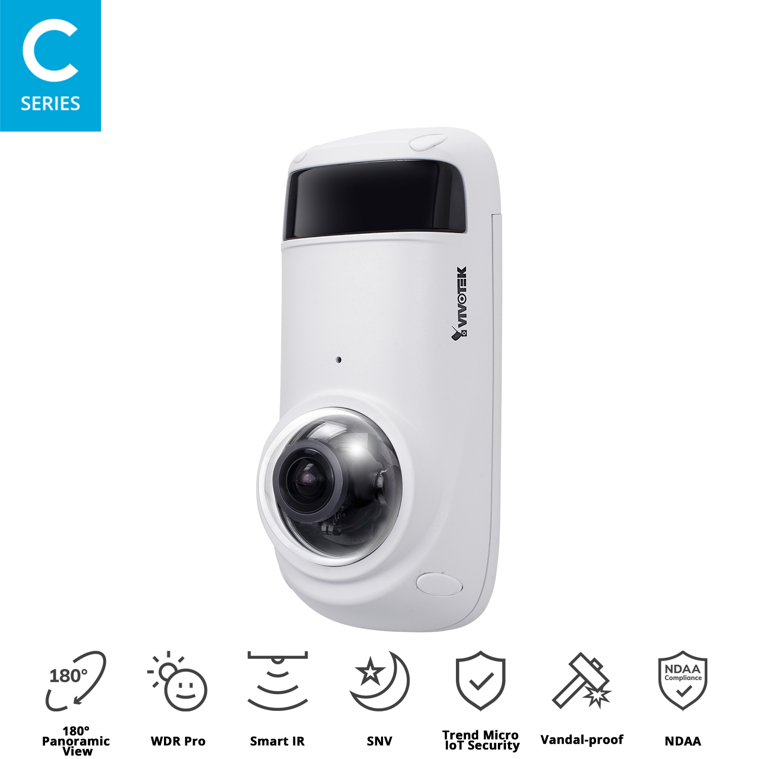 Outdoor Vandal Dome, 5MP 180°  Panoramic, 30fps, H.265/H.264/MJPEG, f1.6mm fisheye lens, Day/Night, 180° IR Illuminators, WDR Pro 120dB, PoE, built-in mic, MicroSD/SDHC/SDXC, IP66, IK10, operating temp (-20℃  ~ 50℃/ -4℉ ~ 122℉)