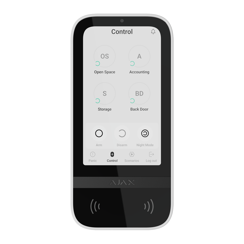 White wireless keypad with touch screen to control an Ajax system.