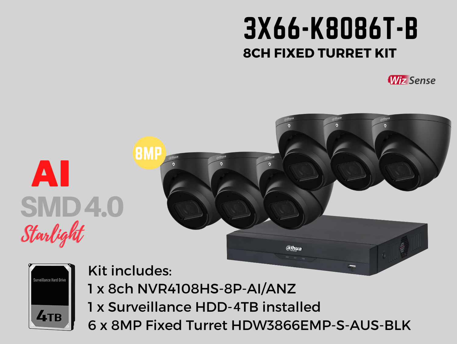 Dahua 3x66 8MP 8ch Kit includes:    1 x 8ch DHI-NVR4108HS-8P-AI/ANZ-4TB,    6 x 8MP 2.8mm Fixed Lens DH-IPC-HDW3866EMP-S-AUS-BLK