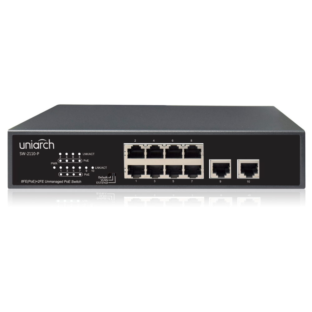 Uniarch switch, 10 x 100Mbps network ports, including 8 PoE/PoE+ ports, 2 x 100Mbps uplink ports, Max capacity for single port 30W, total capacity 120W, up to 250m transmission distance, all metal housing, 50% off discount.