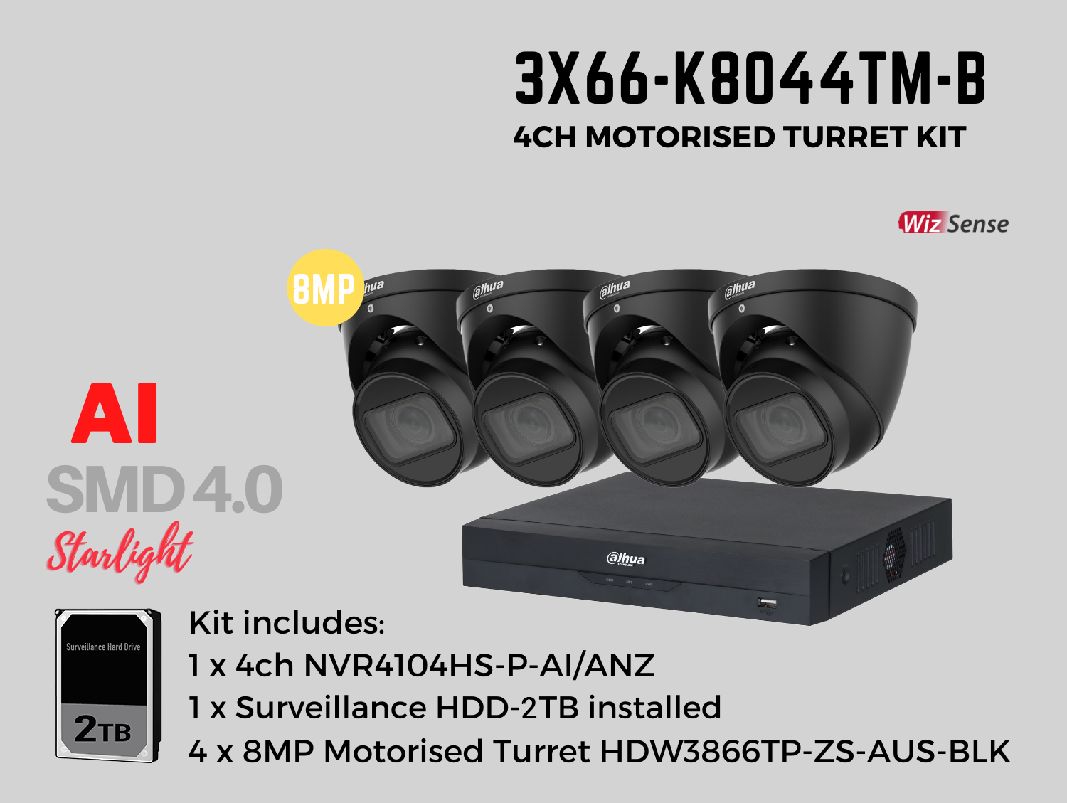 Dahua 3x66 8MP 4ch Kit includes:     1 x 4ch DHI-NVR4104HS-P-AI/ANZ-2TB,   4 x 8MP 2.7-13.5mm Motorised Lens DH-IPC-HDW3866TP-ZS-AUS-BLK