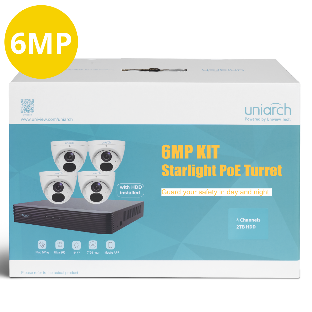 In the box: 4 x Uniarch 6MP Starlight Fixed Turret Network Camera IPC-T1E6-AF28K, NVR-104X-P4 with 2TB HDD installed. PLEASE NOTE - this kit does NOT come with Ethernet cables.