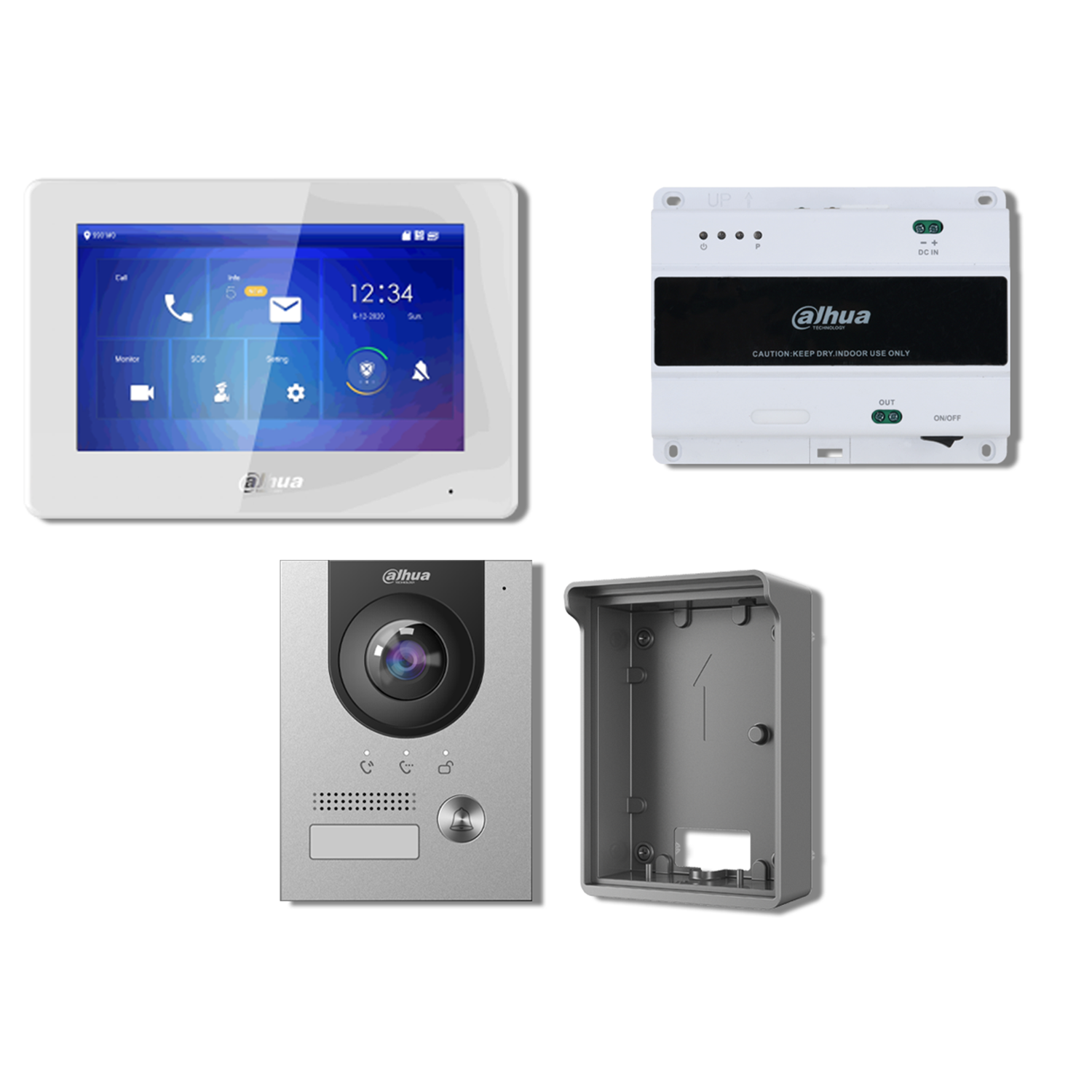 Dahua 2 wire intercom kit, including: 1 x 7 inch Monitor DHI-VTH5422HW, 1 x Outdoor Station DHI-VTO2202F-P-S2, 1 x VTNS1001B-2-A, 1 x surface mount bracket VTM05R