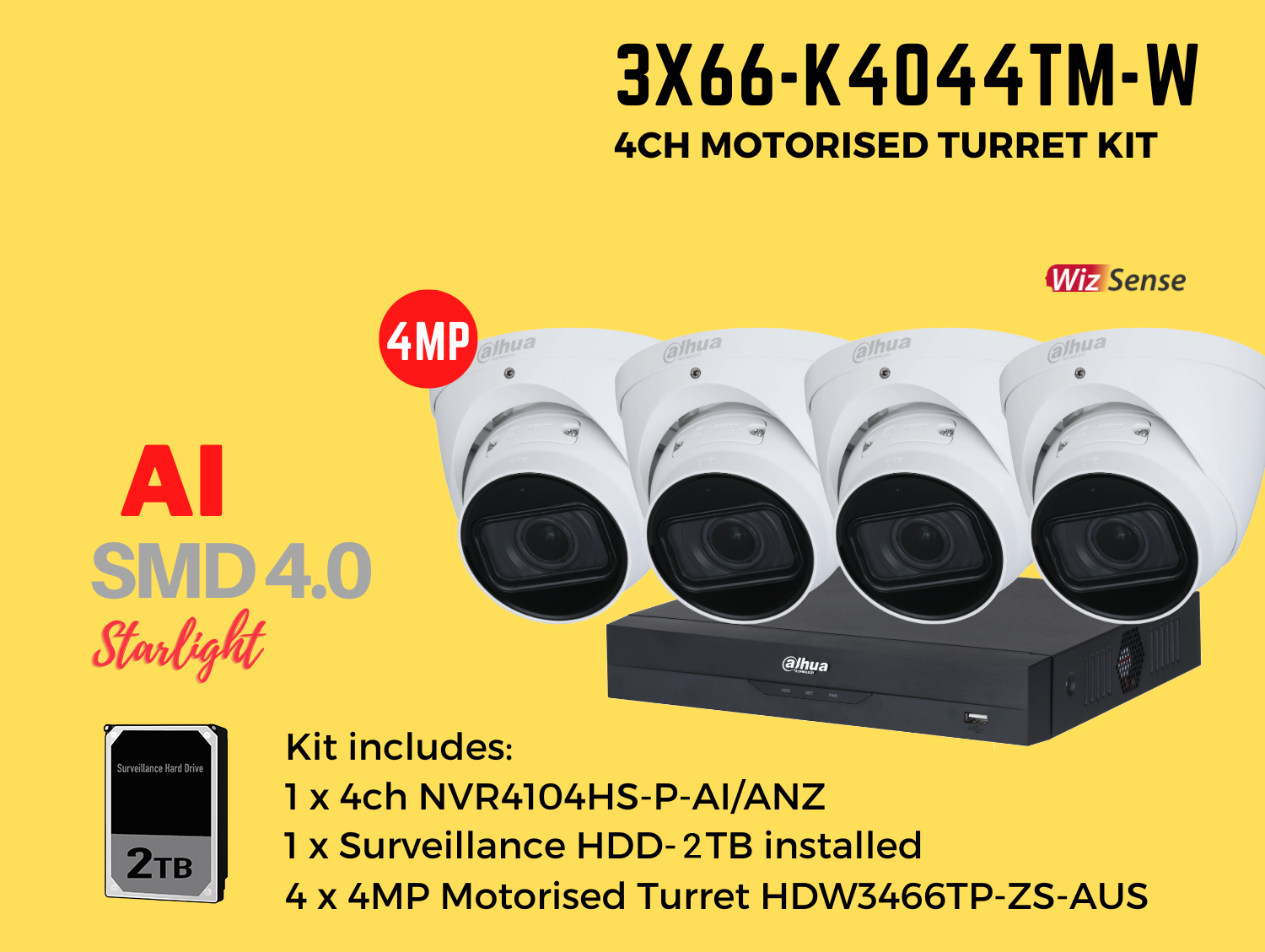 Dahua 3x66 4MP 4ch Kit includes:     1 x 4ch DHI-NVR4104HS-P-AI/ANZ-2TB,   4 x 4MP 2.7-13.5mm Motorised Lens DH-IPC-HDW3466TP-ZS-AUS