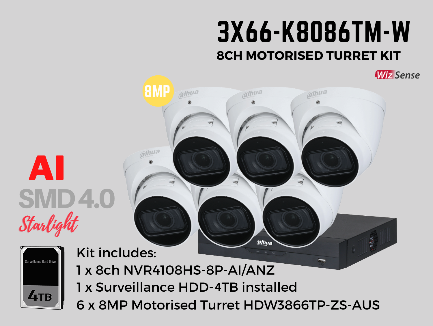 Dahua 3x66 8MP 8ch Kit includes:    1 x 8ch DHI-NVR4108HS-8P-AI/ANZ-4TB,    6 x 8MP 2.7-13.5mm Motorised Lens DH-IPC-HDW3866TP-ZS-AUS