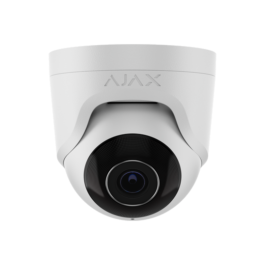 AJAX 5MP Turret White Wired security IP camera, up to 2880x1620px resolution, 100-110 degree viewing angle, 2.8mm, 25FPS, JetSparrow Video protocol, microSD, H.264, H.265, HDR, WDR, up to 100 Mbps, up to 35m IR, PoE, 12V1A, IP65.