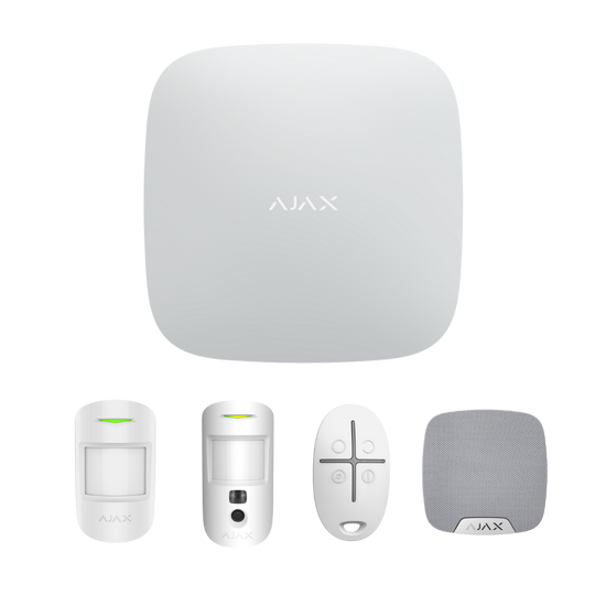 StarterKitPlus Cam includes:  1 x Hub2Plus AJAX#30639, 1 x Motion Protect AJAX#30655, 1 x Motion Cam AJAX#30652, 1 x Space Control AJAX#30670, 1 x Home Siren AJAX#30630.