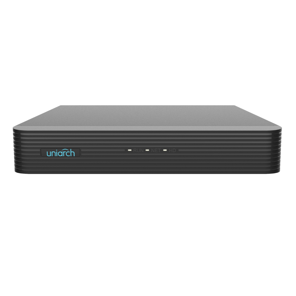 Uniarch 8-ch 1-SATA Ultra 265/H.265/H.264 NVR, 8 PoE ports, up to 1*4K@30 recording, 1 SATA HDD up to 6TB, bandwidth I/O: 50/40Mbps, support 1-ch HDMI, 1-ch VGA,  support cloud upgrade   Optional: 2TB surveillance HDD installed