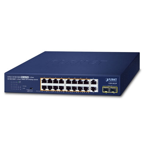 16-Port 802.3at PoE+, 2-Port 1000X SFP Switch -GSD-2022P