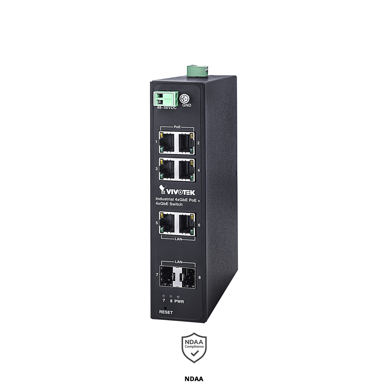 Industrial 4xGE PoE + 2xGE UTP + 2xGE SFP Switch, Per PoE port up to 30W, Power budget 120W, 48~56VDC input, -40°C to 75°C