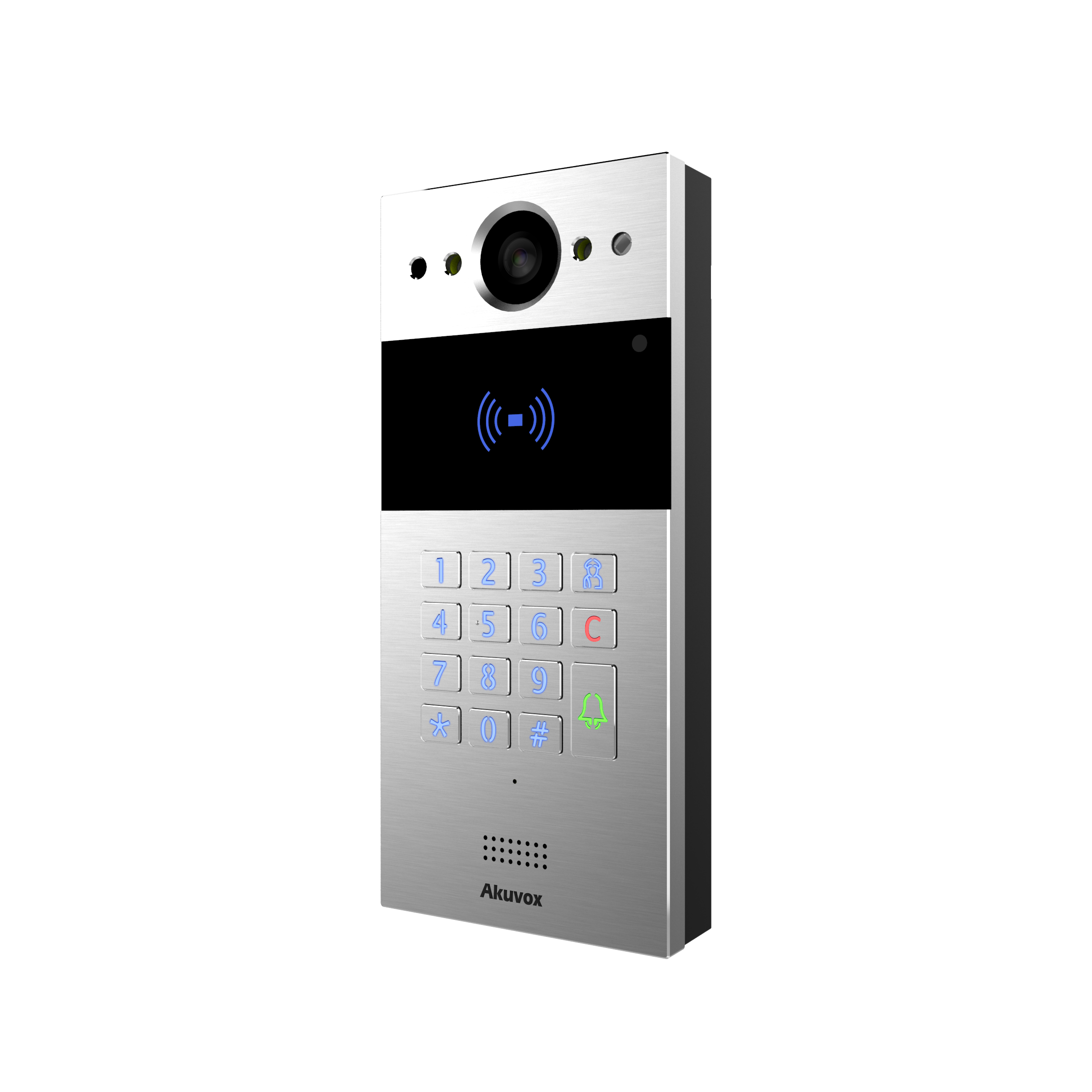 SIP video door phone, space-saving and highly compatible, numeric keypad, used in apartment and office buildings, On-wall (Surface mount) bracket included