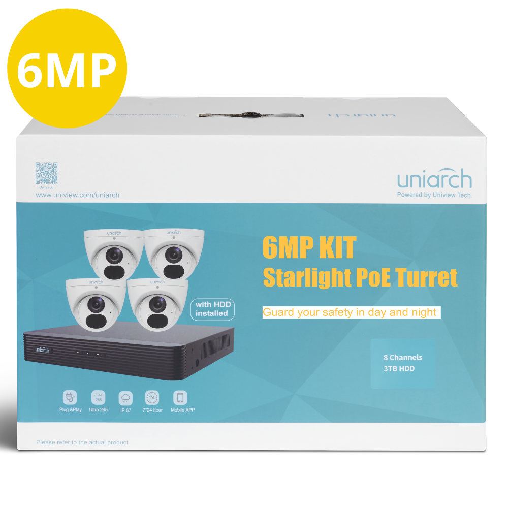 In the box: 4 x Uniarch 6MP Starlight Fixed Turret Network Camera IPC-T1E6-AF28K, 1 x 8ch NVR-108X-P8 with 3TB HDD installed. PLEASE NOTE - this kit does NOT come with Ethernet cables.