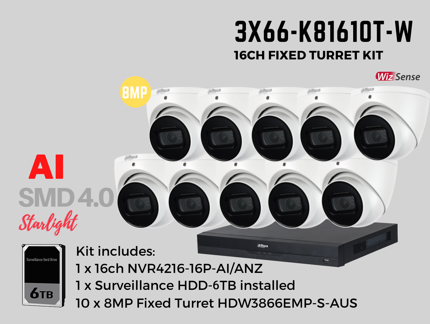 Dahua 3x66 8MP 16ch Kit includes:     1 x 16ch DHI-NVR4216-16P-AI/ANZL-6TB,   10 x 8MP 2.8mm Fixed Lens DH-IPC-HDW3866EMP-S-AUS