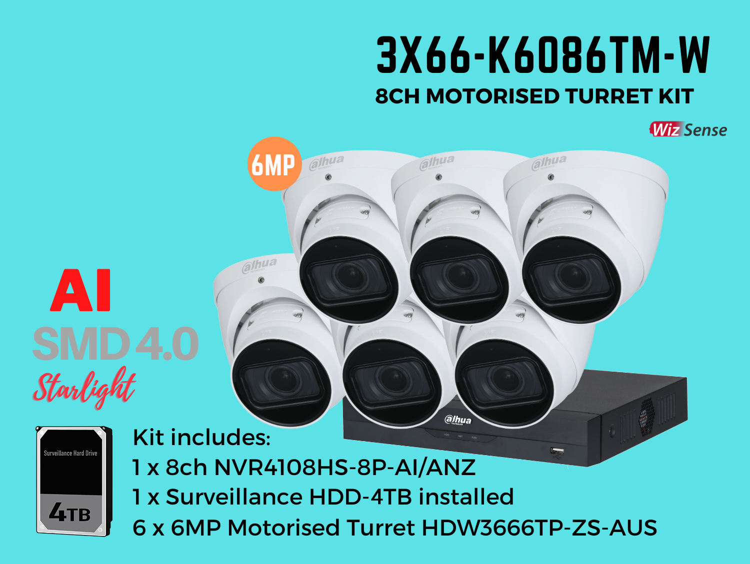 Dahua 3x66 6MP 8ch Kit includes:    1 x 8ch DHI-NVR4108HS-8P-AI/ANZ-4TB,    6 x 6MP 2.7-13.5mm Motorised Lens DH-IPC-HDW3666TP-ZS-AUS