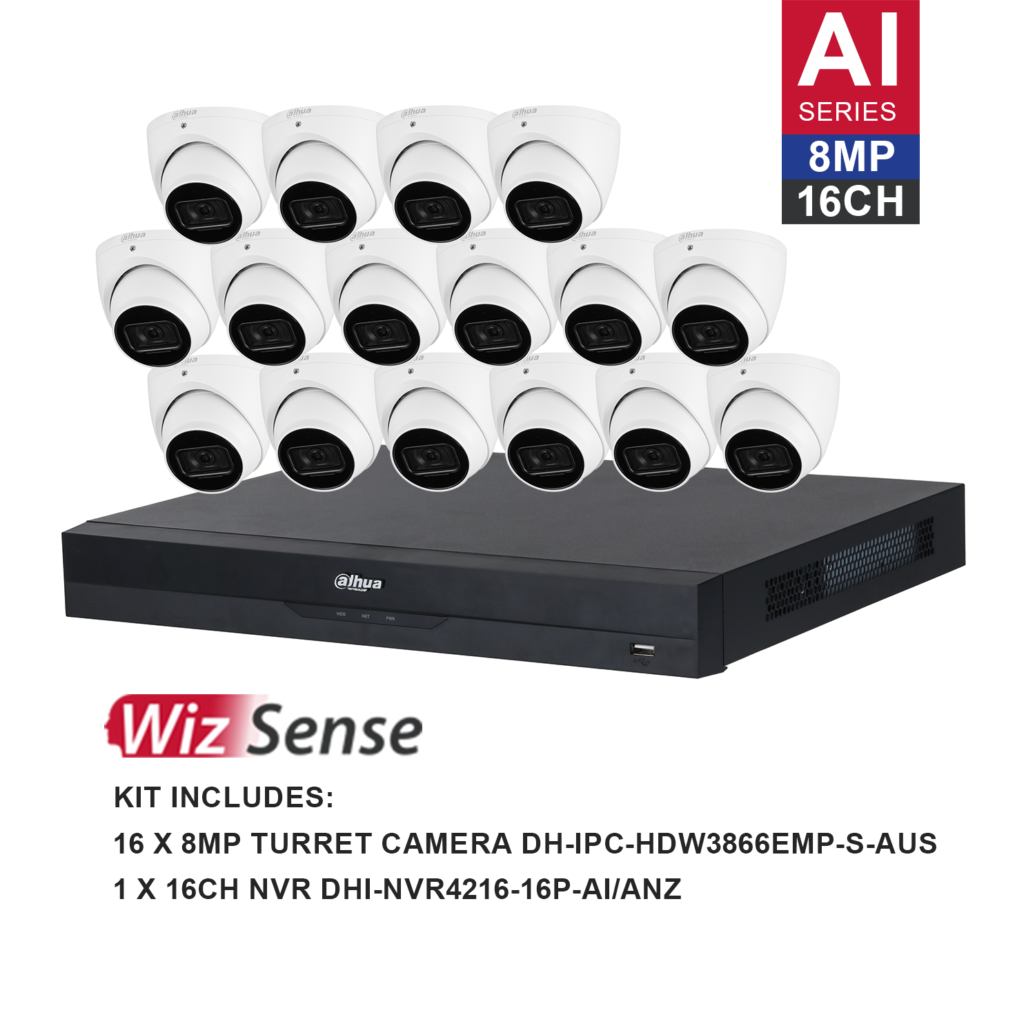 Dahua WizSense AI 16 Channel Kit including 16*DH-IPC-HDW3866EMP-S-AUS, 1*DHI-NVR4216-16P-AI/ANZ, the hard drive is not included. Please purchase a hard drive separately.