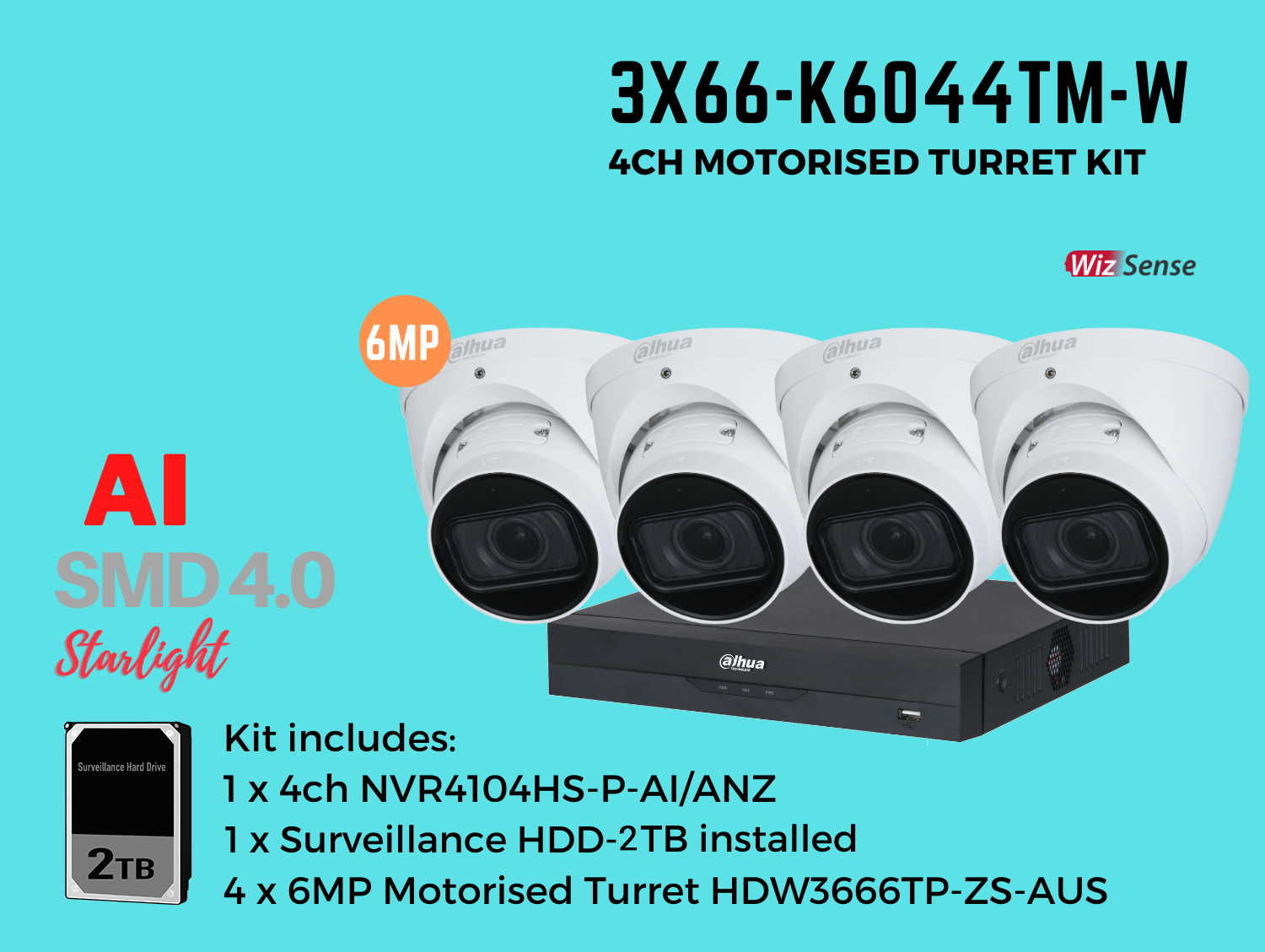 Dahua 3x66 6MP 4ch Kit includes:     1 x 4ch DHI-NVR4104HS-P-AI/ANZ-2TB,   4 x 6MP 2.7-13.5mm Motorised Lens DH-IPC-HDW3666TP-ZS-AUS