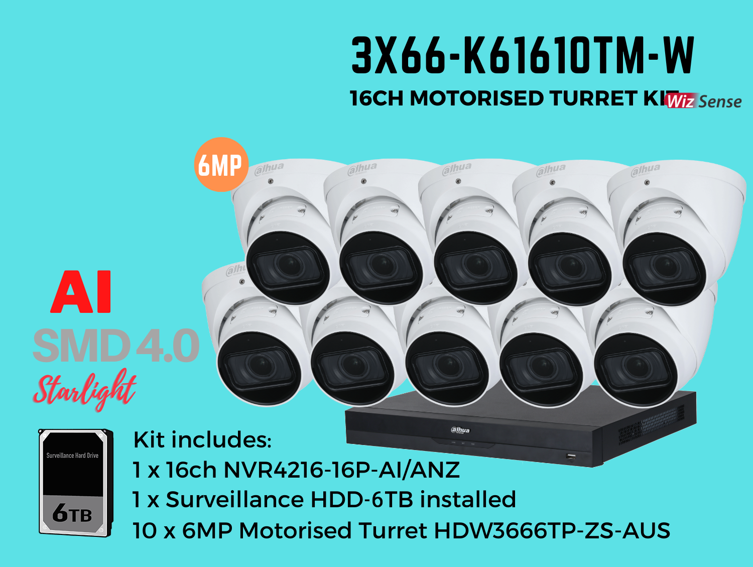 Dahua 3x66 6MP 16ch Kit includes:     1 x 16ch DHI-NVR4216-16P-AI/ANZL-6TB,   10 x 6MP 2.7-13.5mm Motorised Lens DH-IPC-HDW3666TP-ZS-AUS