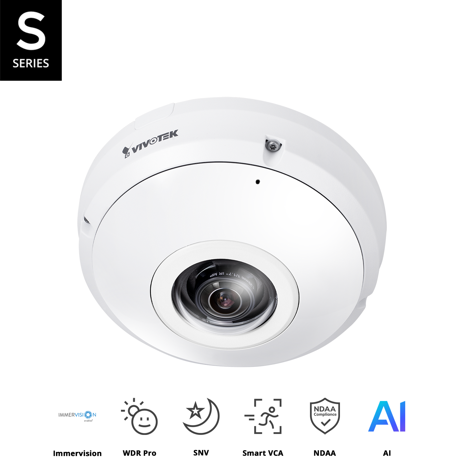 Indoor 360 Fisheye, 12MP 2944x2944, 30fps, H.265/H.264/MJPEG,  f1.22mm lens, F1.8, WDR Pro, Built-in Mic, MicroSD/SDHC/SDXC, PoE, Attribute VCA for people and vehicle,Smart VCA, Local Dewarp, NDAA, -10°C ~ 50°C