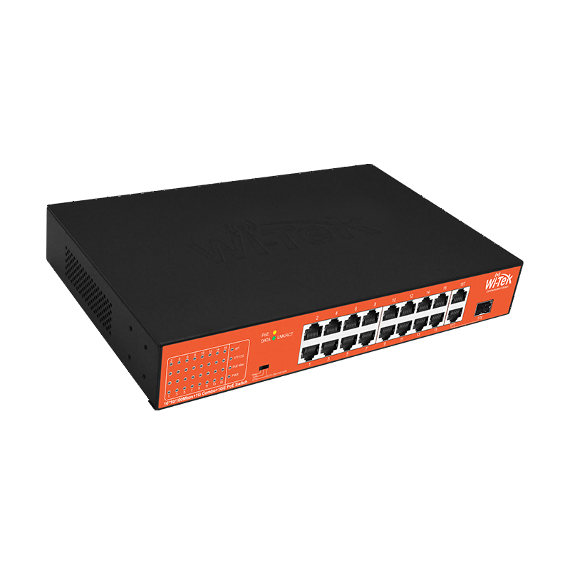 Wi-Tek 16FE+1GE+1Combo SFP Ports 250M Long Range PoE Switch with 16Port PoE