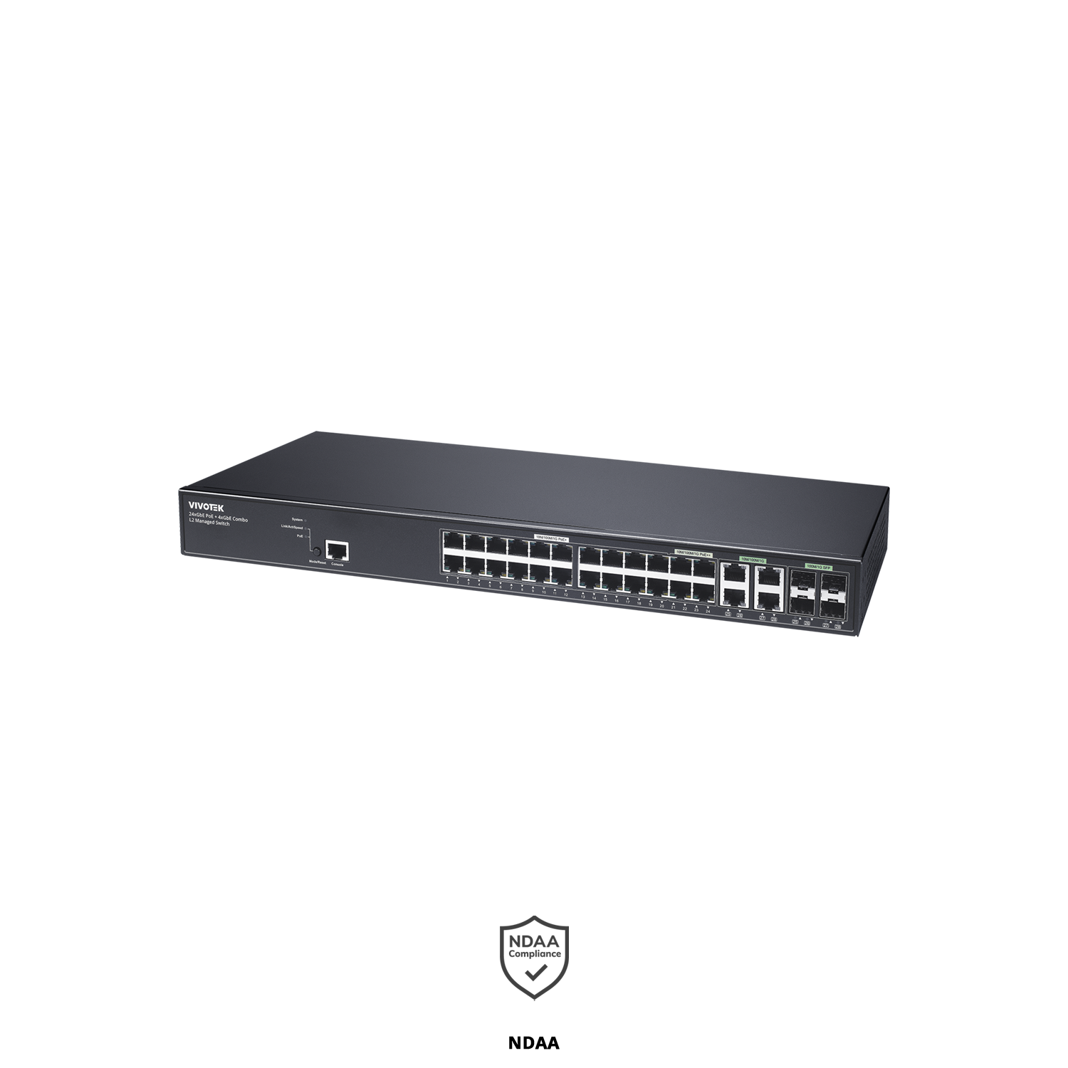 24-Port GbE RJ45(PoE) +2-Port GbE SFP Web Smart Managed PoE Switch  (PoE  Output Power Max. 370W) Integrate with VIVOTEK Camera for surveillance application